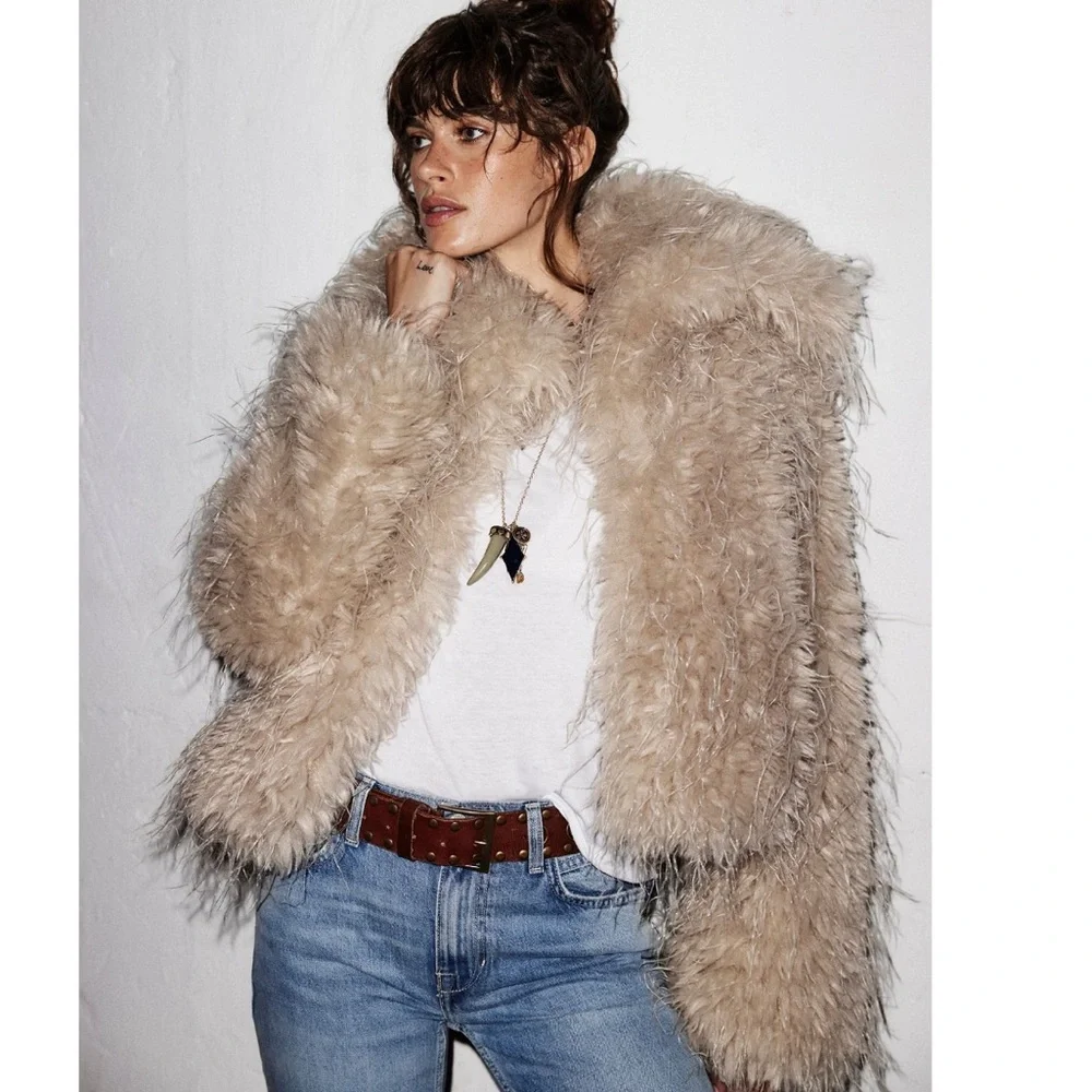 Free people Faux Fur Jacket coat Cream crop cropped FP moonlight off white teddy - Picture 3 of 12